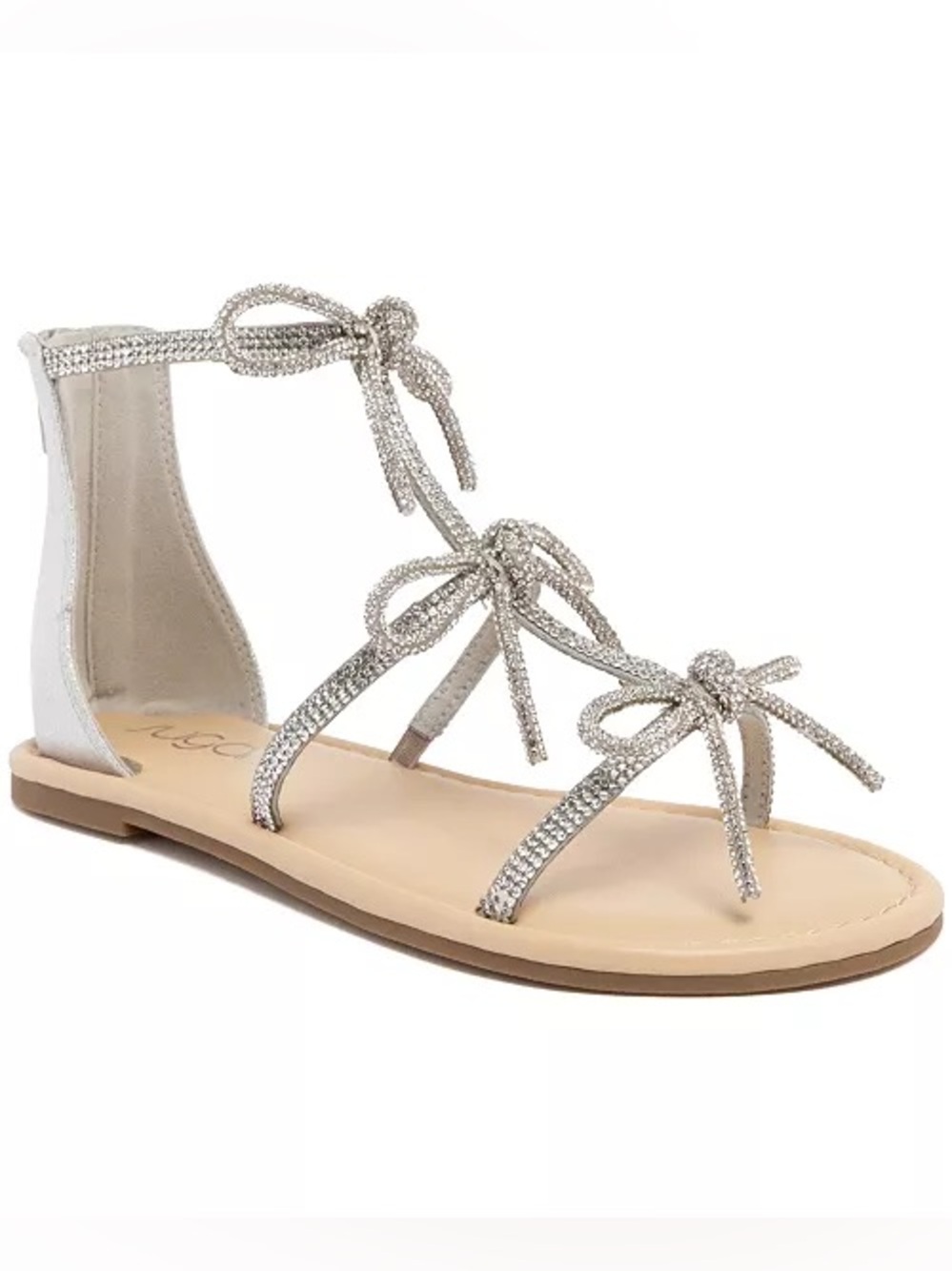 Rhinestone Bow T-Strap Leather Flat Sandals in Silver - Sugar NIB 13